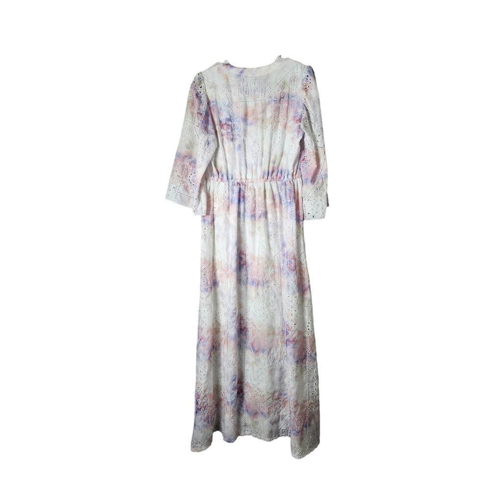 Valerie Khalfon Paris Maxi Dress Size 40/ 8 White Pink Purple Eyelet Embroidered - Picture 4 of 6